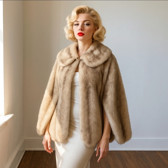 Regina Glenara by Glenoit Jackets & Blazers - Vtg 50s 60s Regina Glenara Glenoit Faux Mink Fur Cape Tan Brown Luxury Old Money